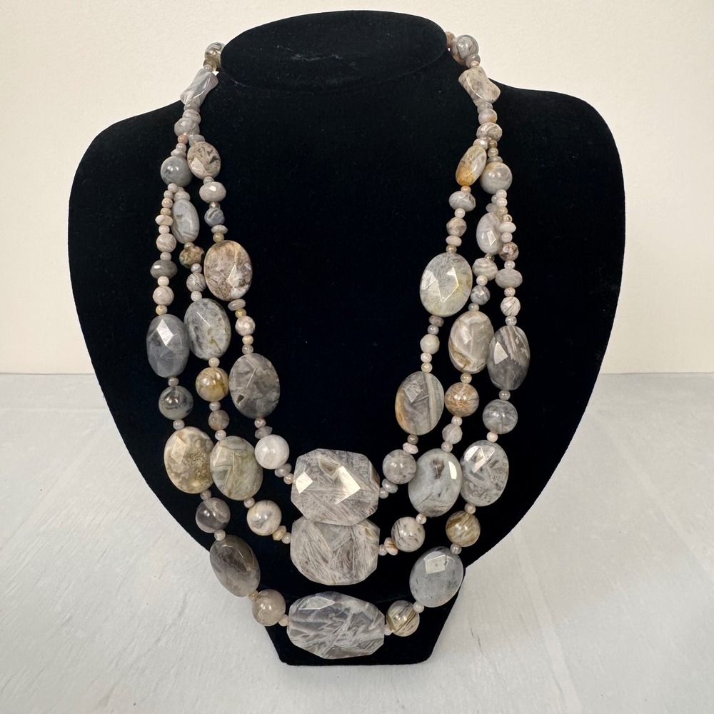 Lucas Lameth Grey Multi Stone Triple Strand Statement Chunky Beaded Earthy Boho